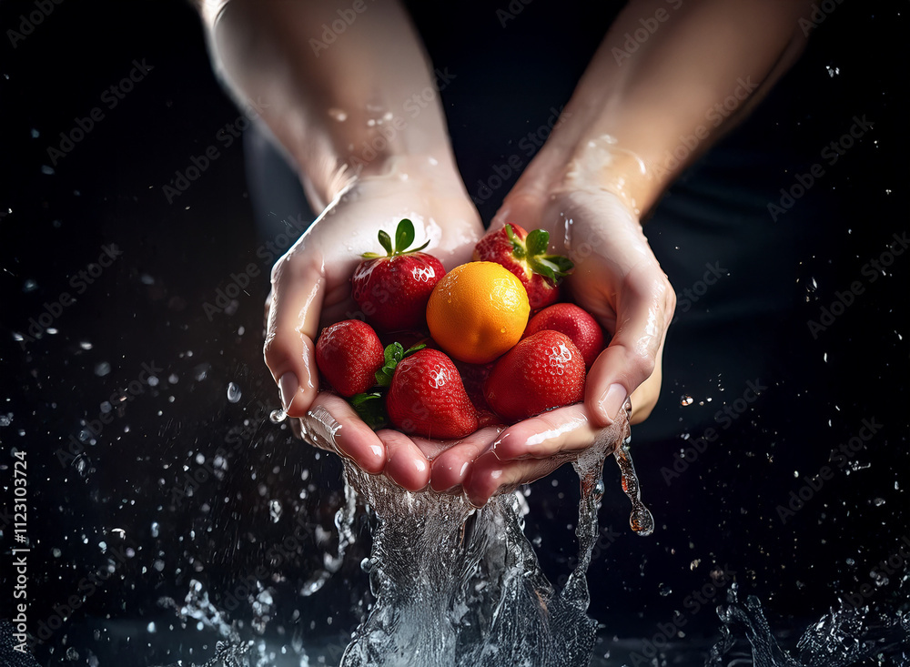 Poster two hands gently hold a small pile of freshly washed strawberries and a single orange, water cascadi