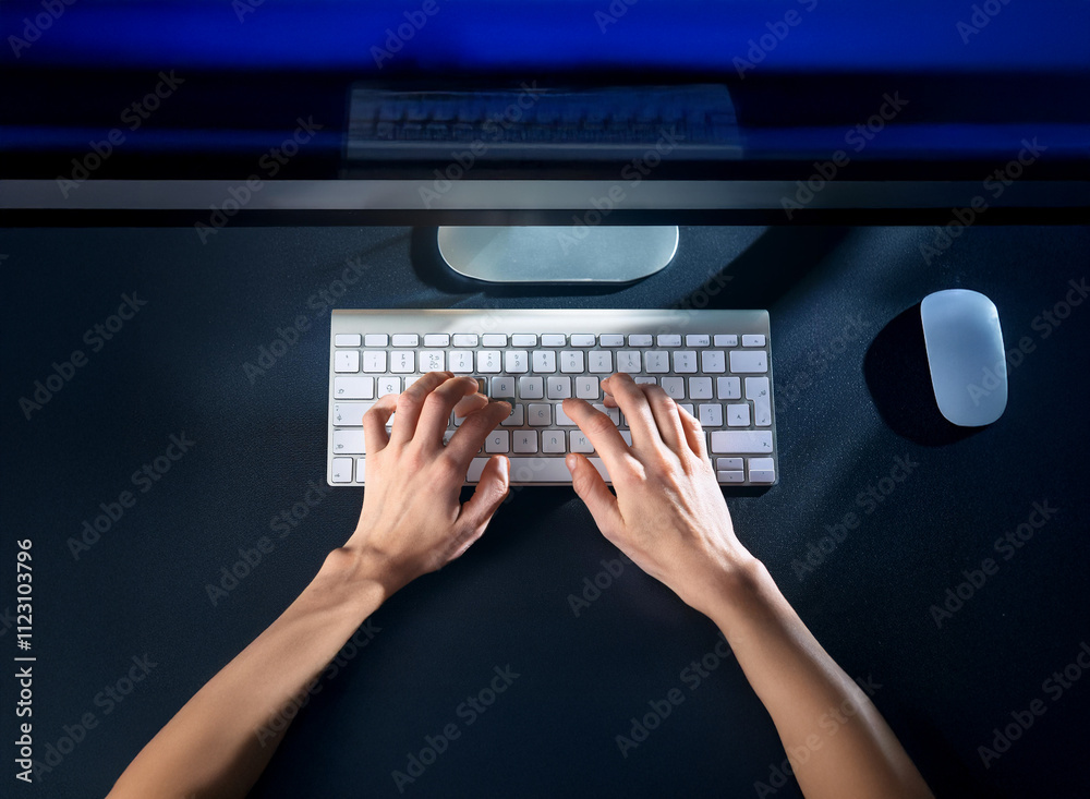 Leinwandbilder Overhead view of hands typing on a white keyboard in dimly lit room at night.  A computer monitor and mouse are visible on a dark surface.