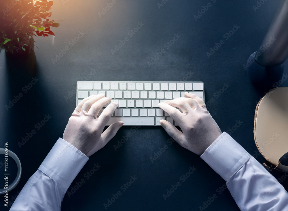 Aufkleber Overhead view of hands in white gloves typing on a wireless keyboard on a dark desk.  A plant and ping pong paddle are visible in the background.  Clean, minimalist workspace.