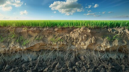 Obraz premium Soil cross section displaying lush green grass and its interconnected network of roots