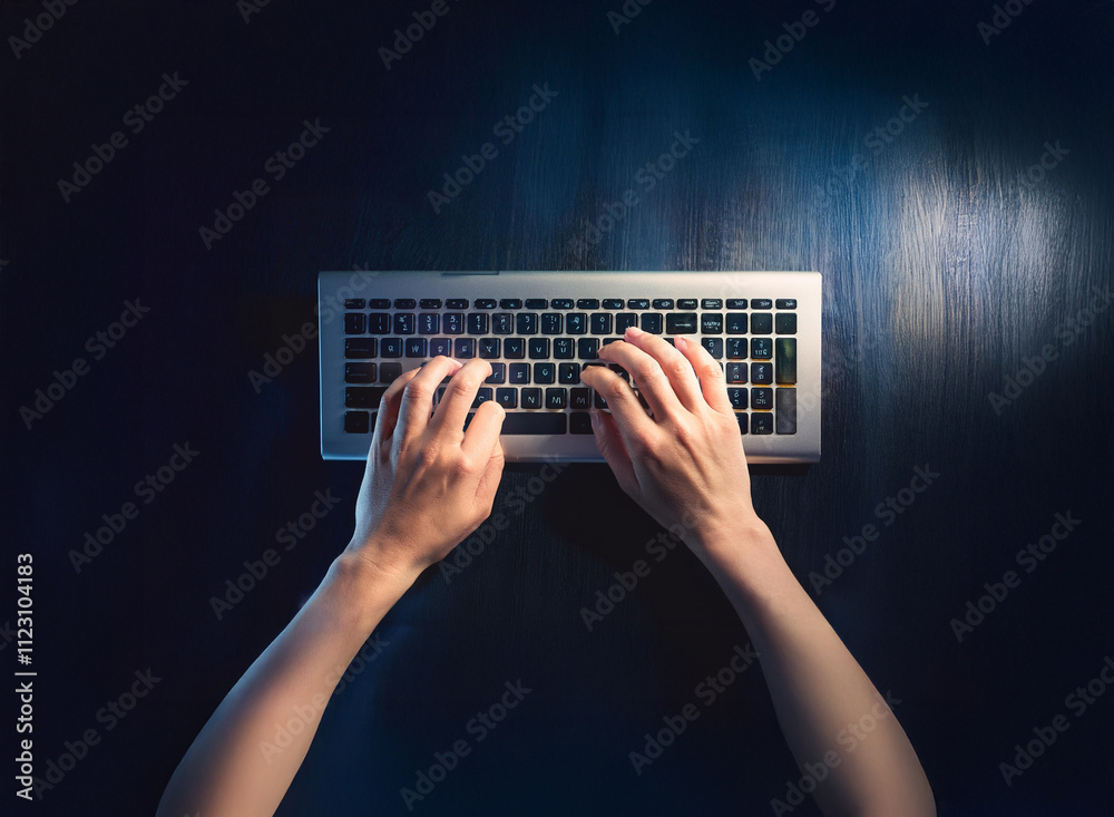 Poster Overhead view of hands typing on a keyboard in dim light, suggesting late-night work or a secretive activity.