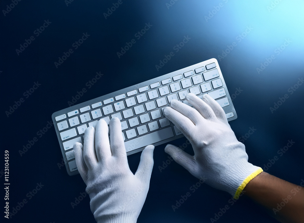 Poster overhead view of gloved hands typing on a white wireless keyboard against a dark blue background. th