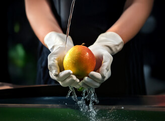 Close-up of hands in white gloves gently washing a ripe mango under running water. The vibrant colors of the fruit contrast beautifully with the pristine white gloves.