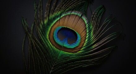 Obraz premium Vibrant peacock feather with eye spot on dark background