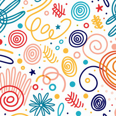 Naklejka premium Colorful abstract seamless pattern with swirls, flowers, and leaves.