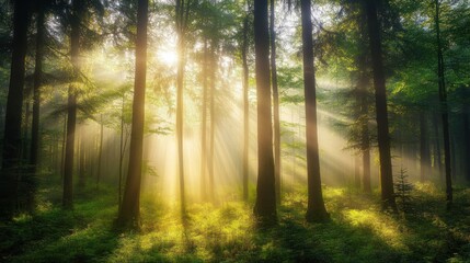 Fototapeta premium A serene forest scene illuminated by sunlight filtering through tall trees, creating a peaceful and tranquil atmosphere.