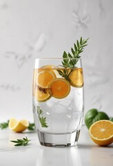 Fototapeta premium Clear glass beverage on a white background with garnishes, cocoa, garnishes