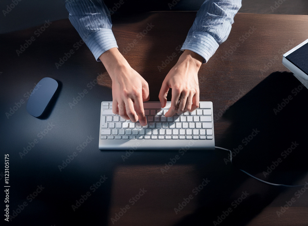 Aufkleber Overhead view of hands typing on a keyboard at a dimly lit desk.  A mouse and glasses are also visible.  The scene suggests late-night work or focused concentration.
