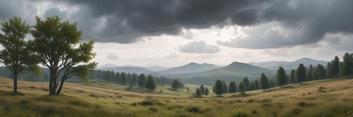 Obraz premium Cloudy sky with blurred trees and hills in the distance creating a sense of depth , tree-lined horizon, soft light, cloudy sky