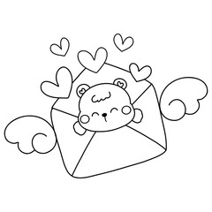 Hand drawn cute cartoon baby bear illustration for valentines day coloring page