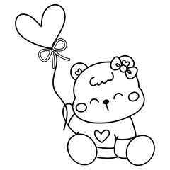 Hand drawn cute cartoon baby bear illustration for valentines day coloring page
