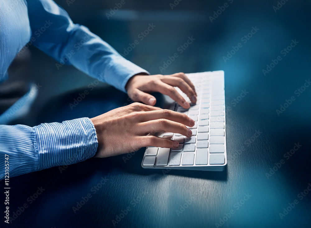 Aufkleber Close-up of hands typing on a white keyboard at night.  The scene is dimly lit, focusing on the precise movements of fingers on the keys.