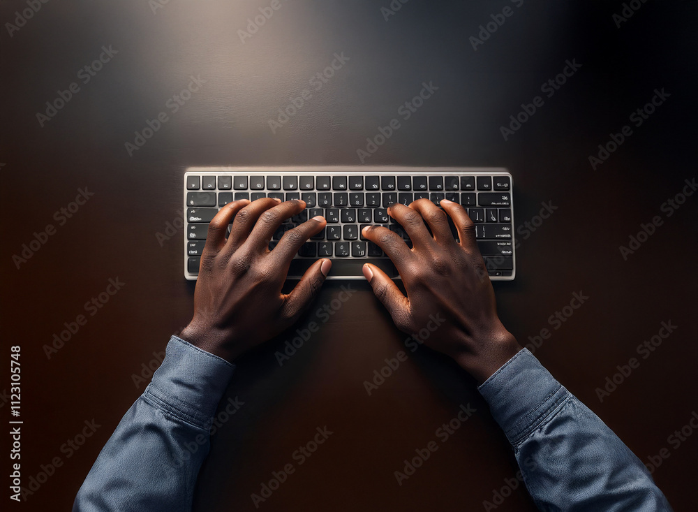 Poster overhead view of dark-skinned hands typing on a sleek, silver keyboard on a dark brown surface. soft