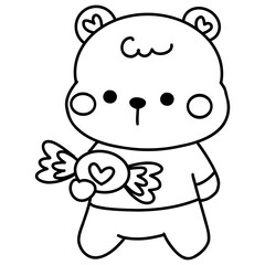 Hand drawn cute cartoon baby bear illustration for valentines day coloring page