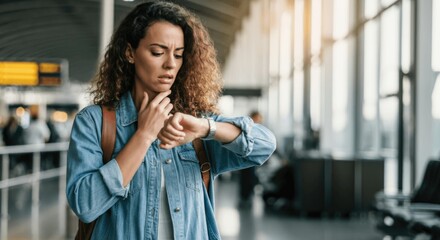 Fototapeta premium Young caucasian female checking time at airport terminal