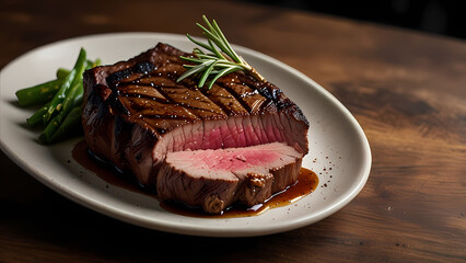 highly detailed close-up image of a plate featuring a perfectly cooked top sirloin roast