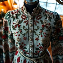 A handmade fashion design with Christmas motifs, featuring intricate embroidery, sparkling details, and festive patterns