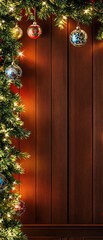 Colorful Christmas ornaments and garlands on a wooden wall for holiday greeting banner, christmas ornaments, winter wonderland, , holiday season, wooden wall