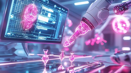 Business and Strategy and Leadership Concept. Futuristic Laboratory with Robot Arm and Neon Glow