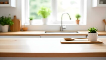 Fototapeta premium A wooden kitchen counter with a small potted plant and a wooden spoon in the foreground, with a blurred window and greenery visible in the background
