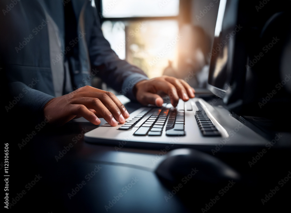 Aufkleber Close-up of hands typing on a keyboard, illuminated by soft light.  The scene suggests focus and productivity in a dimly lit office setting.  A mouse is visible.
