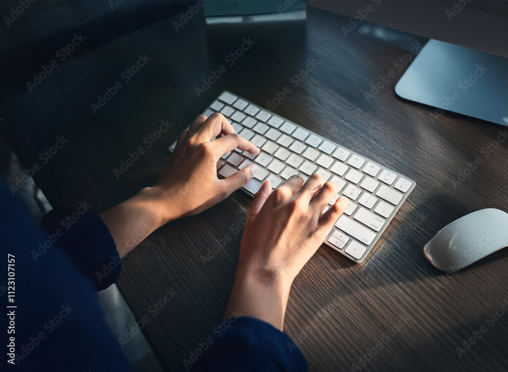 Poster close-up of hands typing on a wireless keyboard at night. warm light illuminates the workspace, sugg