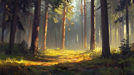 Obraz premium A serene forest scene with sunlight filtering through tall trees, creating a peaceful, inviting atmosphere.