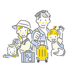 お出かけにワクワクする4人家族　シンプルでお洒落な線画イラスト