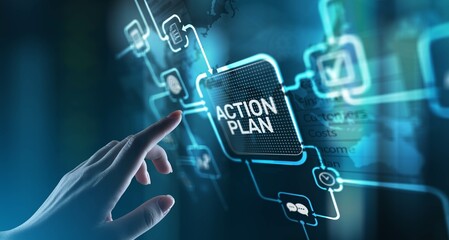 Action Plan Strategic Planning and Goal Setting, projection on a virtual screen, Business and...