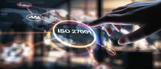 ISO 27001 Information Security Management System Standards, projection on a virtual screen, Business and Technology Concept.