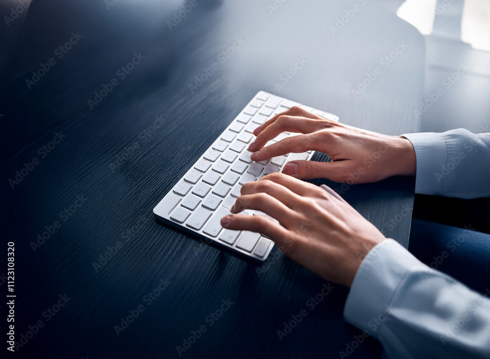 Aufkleber Close-up of hands typing on a wireless keyboard, sitting on a dark desk.  The image conveys productivity, technology, and digital work.