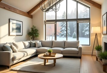 Fototapeta premium A cozy and inviting living room with a large gray sectional sofa, a wooden coffee table, and a large window overlooking a snowy outdoor scene