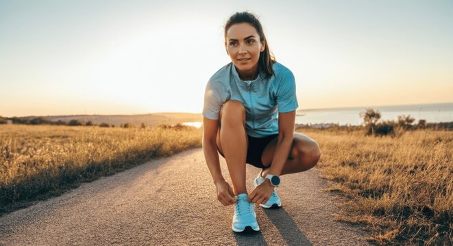 Young caucasian female runner tying shoes on rural road at sunset