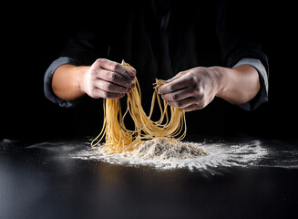 Naklejka premium Chef's hands delicately separating freshly made pasta strands, dusted with flour on a dark surface. A culinary masterpiece in the making.