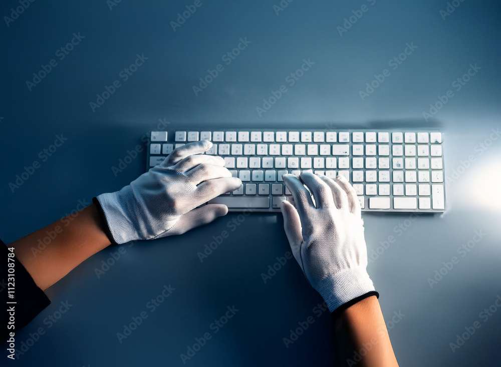 Aufkleber overhead view of hands in white gloves typing on a white keyboard against a dark blue surface. the s