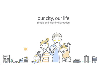 健康な4人家族と街並みのフレーム　シンプルでお洒落な線画イラスト