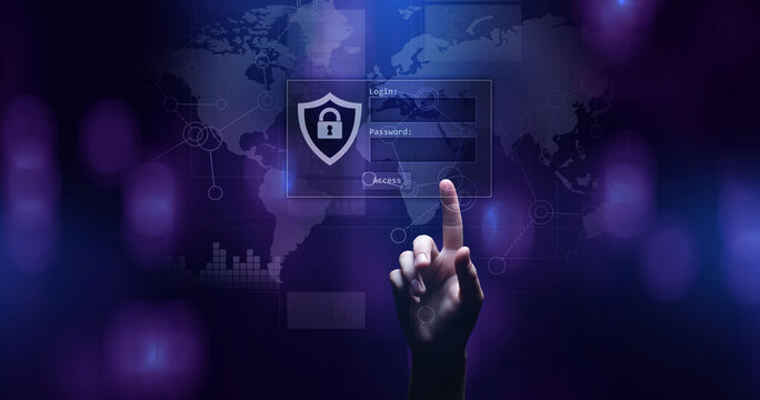 Access window with login and password on virtual screen. Cyber security and personal data protection concept.