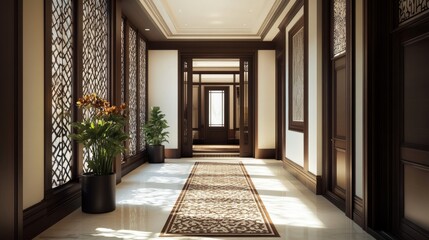 A classic hallway with tall ceilings, a patterned carpet runner, and intricate woodwork on the walls and doorframes