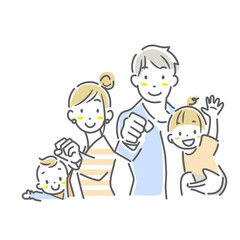 Fototapeta premium 元気な4人家族 シンプルでお洒落な線画イラスト