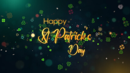 Naklejka premium A colorful Happy St. Patricks Day design featuring glowing text and clover particles on a dark background, creating a festive and enchanting atmosphere for celebratory projects.