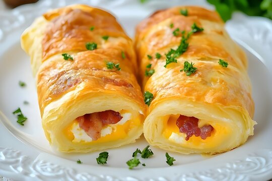 Rolls of puff pastry with bacon and cheese.