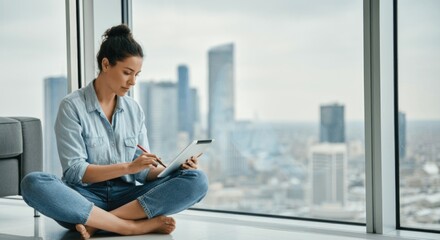 Young hispanic female using digital tablet in modern urban setting