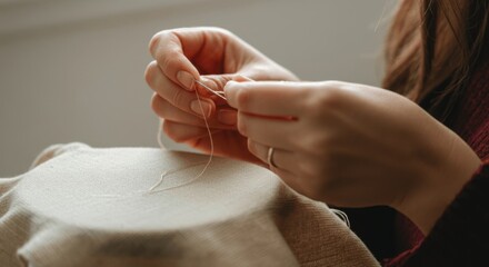 Close-up of hands crafting with needle thread
