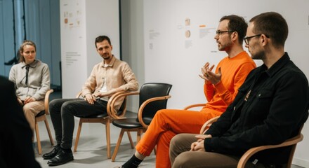Naklejka premium Diverse group discussion in modern office setting