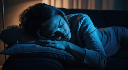 Fototapeta premium Young caucasian female sleeping peacefully on couch at night
