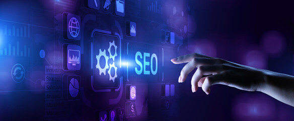 SEO Search engine optimisation online digital internet marketing concept on virtual screen.