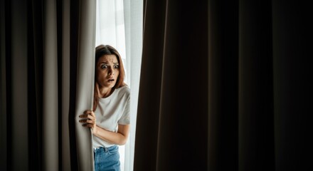 Fototapeta premium Caucasian young female peeking out from behind curtains with surprised expression