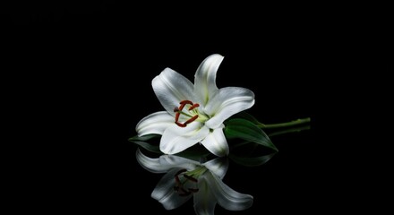 Fototapeta premium Serene white lily on reflective black surface against dark background