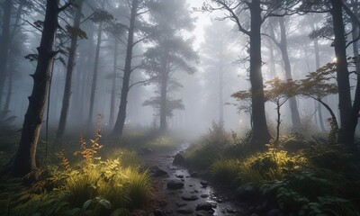 Fototapeta premium Glowing plants and trees in a misty, foggy forest environment, enchanted landscape, shimmering atmosphere, ethereal light