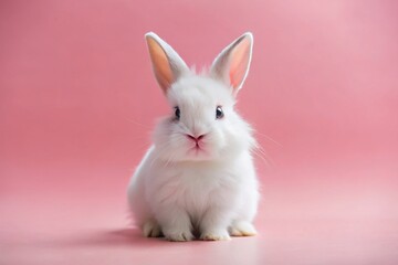 Obraz premium Top View of a Little White Bunny Sitting Alone on a Soft Pink Pastel Background with Ample Copy Space for Text, Perfect for Spring-Themed Designs and Cute Animal Illustrations